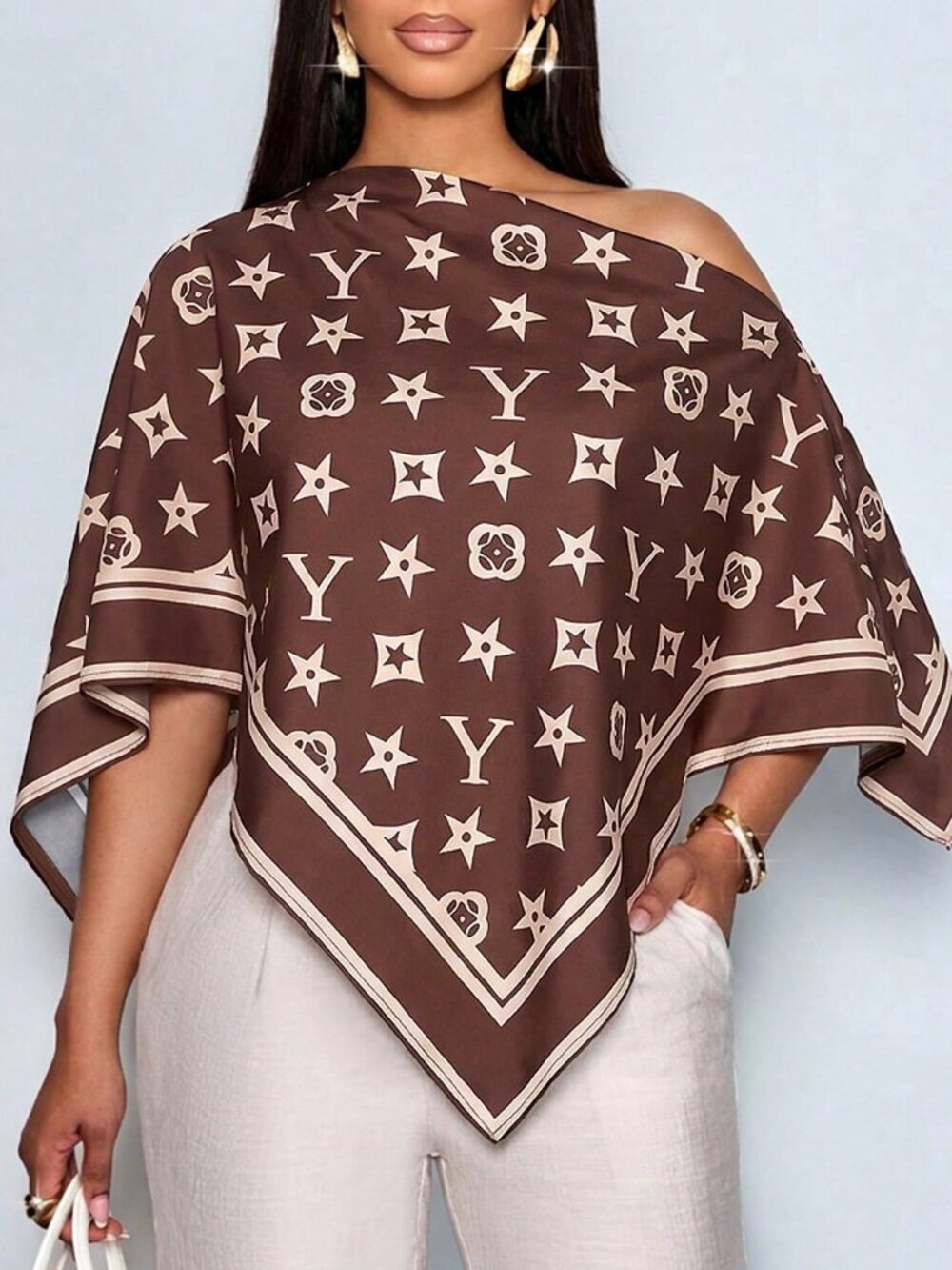 Brown Boho Women's Elegant Off-Shoulder Shirt Artistic Pattern Party Top